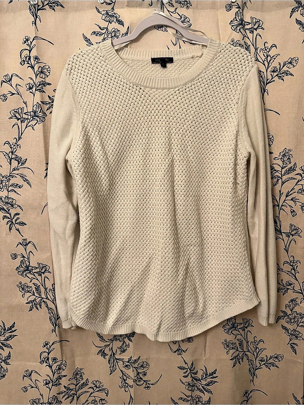 ⁠Lety & Me Stitch Fix White Cream Elbow Patch Knit Sweater XL Curved Hem Cotton⁠